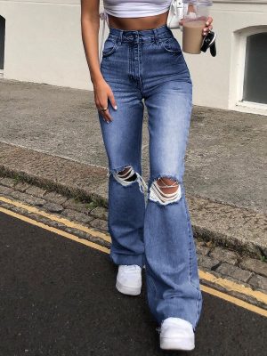 Denim Wide Leg Trousers Ripped Skinny Jeans