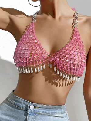 Popular Pink Gem Pearl Sexy Halter Sling Backless Women Vest