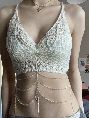 Sexy Solid Color Mesh See Through Chain Wool Short Halter Small Sling Vest