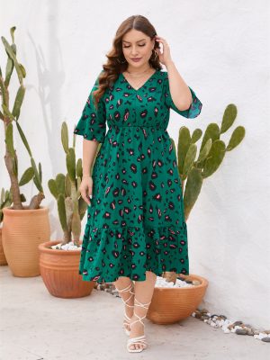 Plus Size Women’s Clothing Summer V Neck Short Sleeve Ruffled Elastic Waist Dress Midi Dress