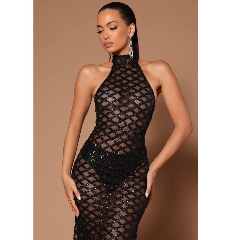 Spring Sexy Backless Nightclub Party Formal Dress Rhinestone Sequined Transparent Dress - Image 5