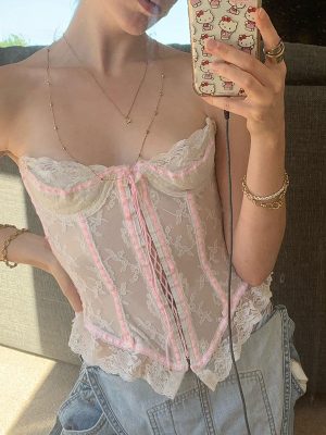 Age Reducing Sweet Girlish Lace Contrast Color Lace Up Chest Shaped Waist Tight Sexy Short Tube Top Vest