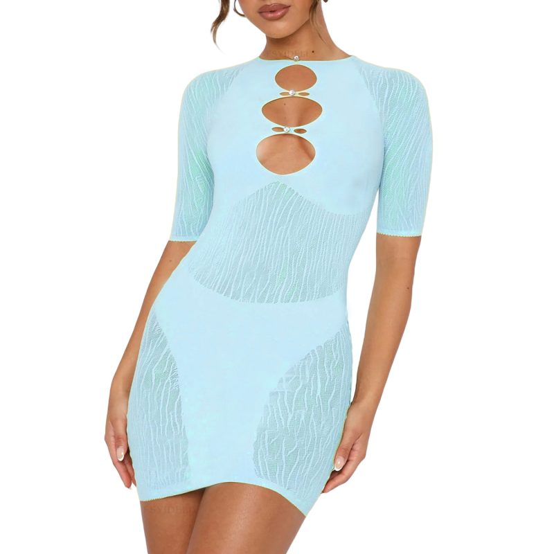 Women Mesh Stitching Transparent Hollow Out Cutout Dress Diamond Sexy Sexy Hip Dress - Image 2