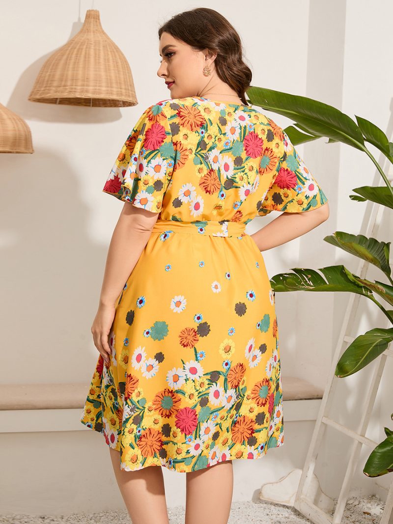 Plus Size Ladies  V-neck Short-Sleeved Lace Printing Casual Holiday Mid-Length Dress - Image 2