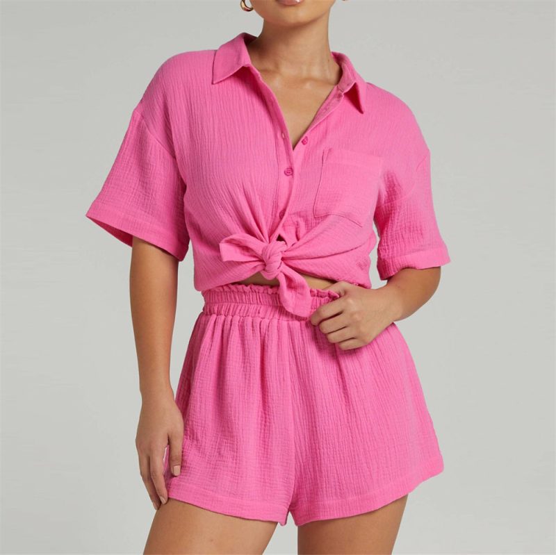 Solid Color Shirt Outfit Women  Casual Loose Short Sleeves Single Breasted Women  Clothing Spring Summer Shorts Two Piece Set - Image 4
