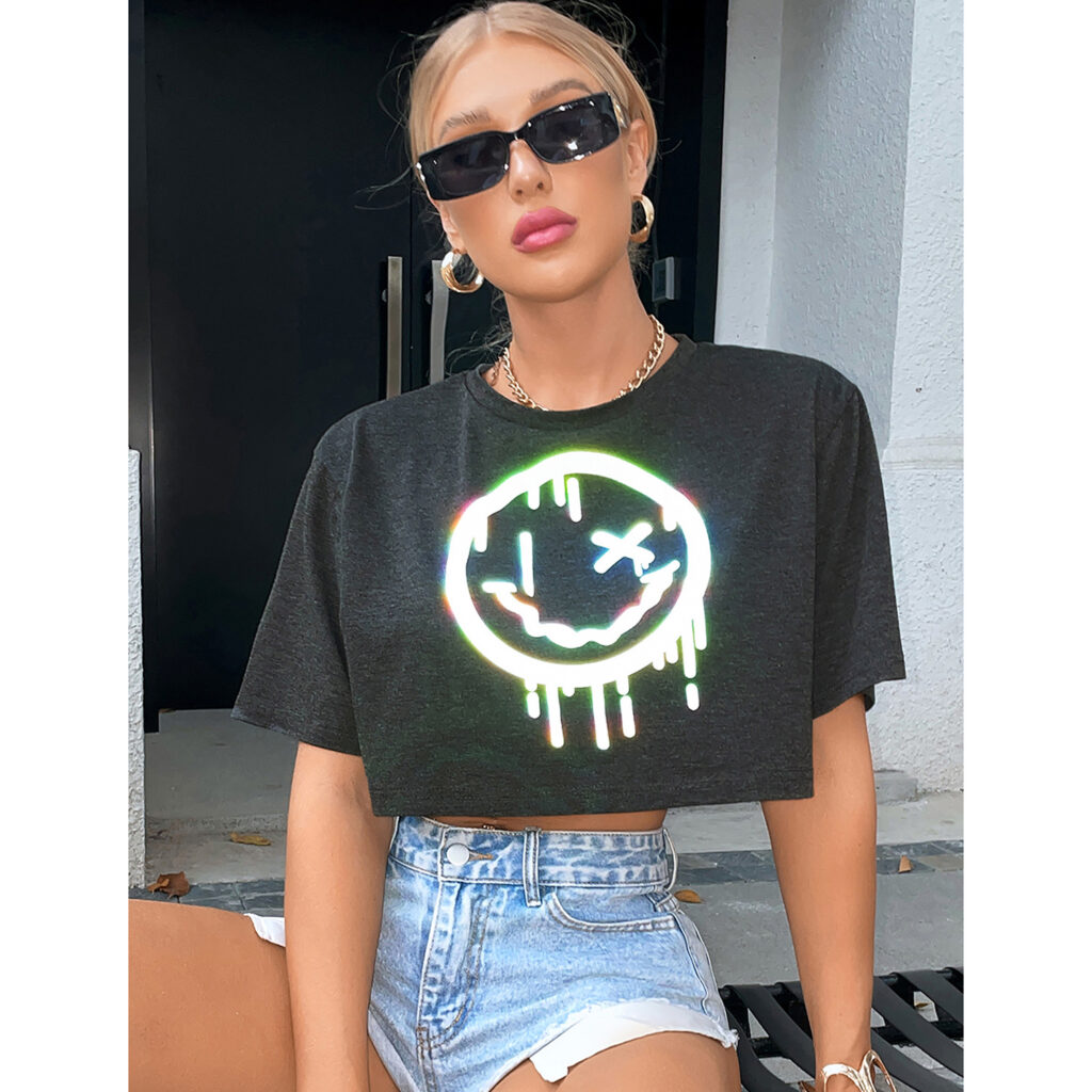 Cute Smiley Face Women Clothing Spring Summer All-Match Trendy Smiley Printed Reflective Short-Sleeved T-shirt - Image 4