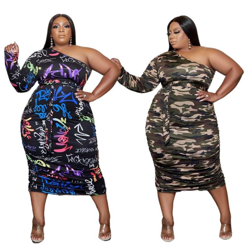 Plus Size Autumn Winter Loose One-Shoulder Crossbody Printed  Lady Maxi Dress - Image 5