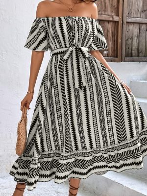 Self Developed Dress off Shoulder High Waist Lace up Casual Striped Plaid