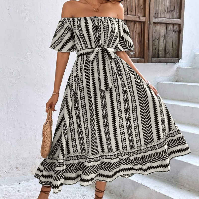 Self Developed Dress off Shoulder High Waist Lace up Casual Striped Plaid