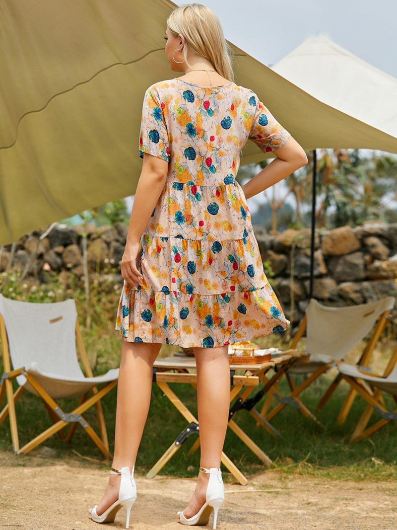 Plus Size Summer Urban Casual round Neck Short Sleeves Printed Multi-Layer Stitching Big Swing Dress Dress - Image 4