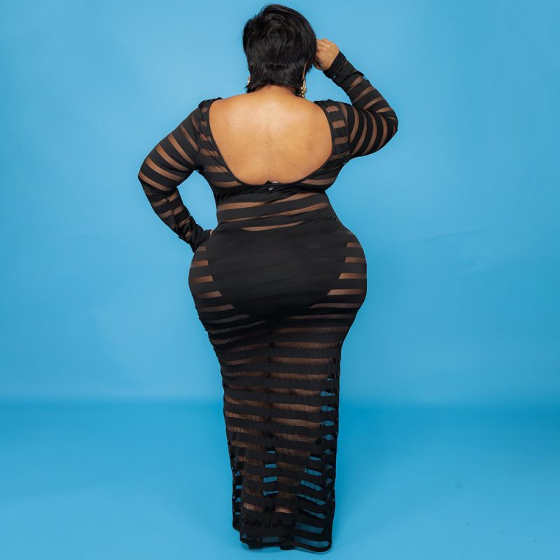 Plus Size Autumn New Sexy Women Clothing Breathable Mesh Stitching Solid Color Dress Nightclub Dress - Image 2