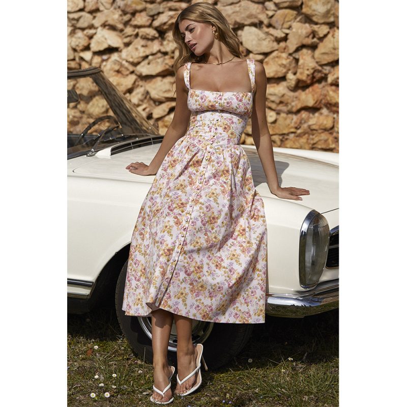 Women Clothing Dress Square Collar Cami Dress Slim Fit Backless Sweet Spicy Wind Maxi Dress Summer Floral Dress - Image 3