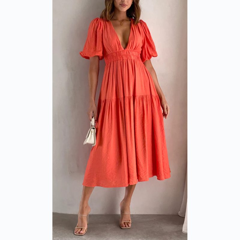 Casual Trends Summer V neck Tight Waist Mid Length Dress - Image 3