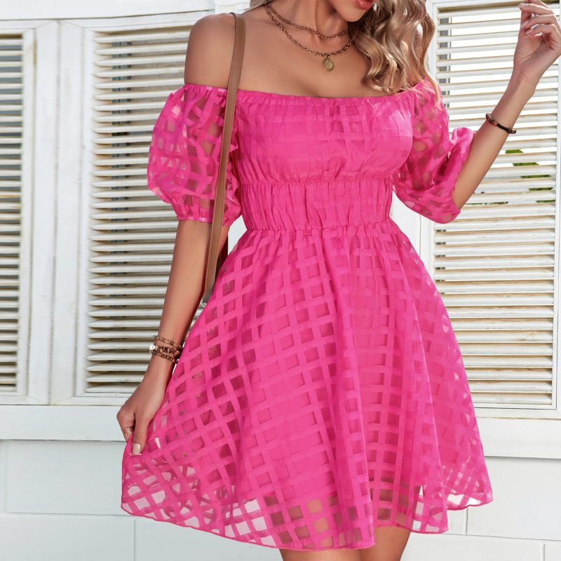 Self Developed Sexy Chest Wrapped off Shoulder Puff Sleeve Fashionable See through Backless High Waist Short Women Dress