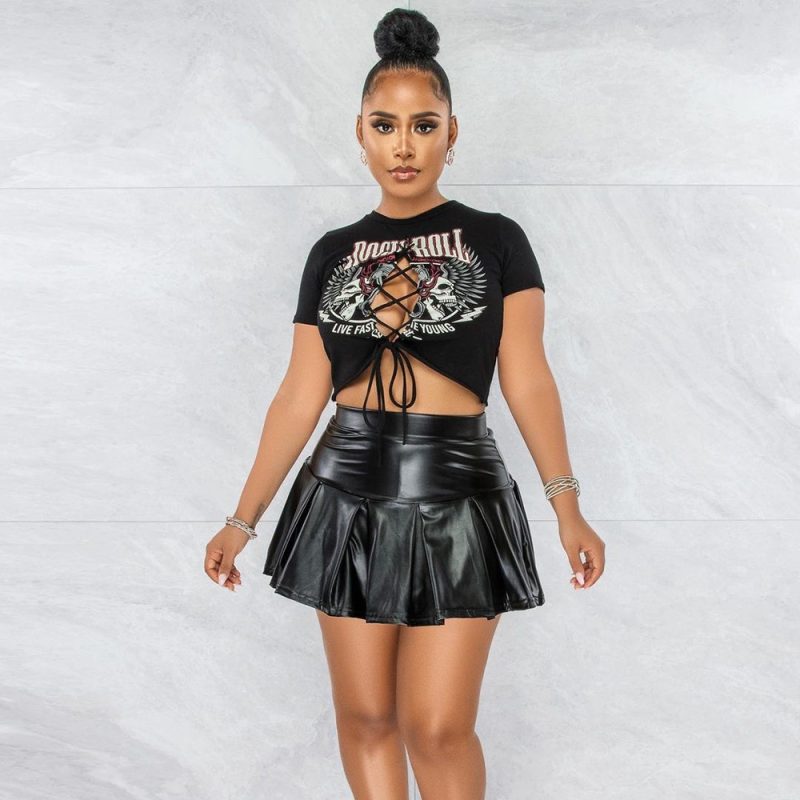Women Clothing Pullover Hollow Out Cutout out Adhesive Cement Letters Short Sleeve Lace up Top Women Clothing - Image 3
