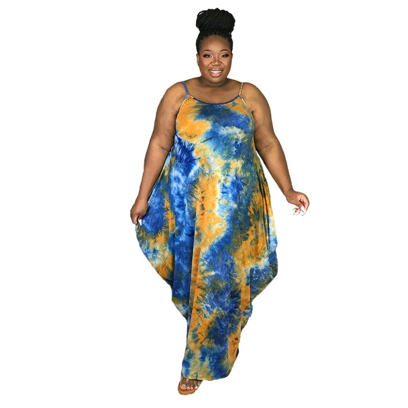 Plus Size Sundress Women Clothes Popular Tie-Dye Printed Loose Strap Ladies Irregular Asymmetric Dress - Image 3