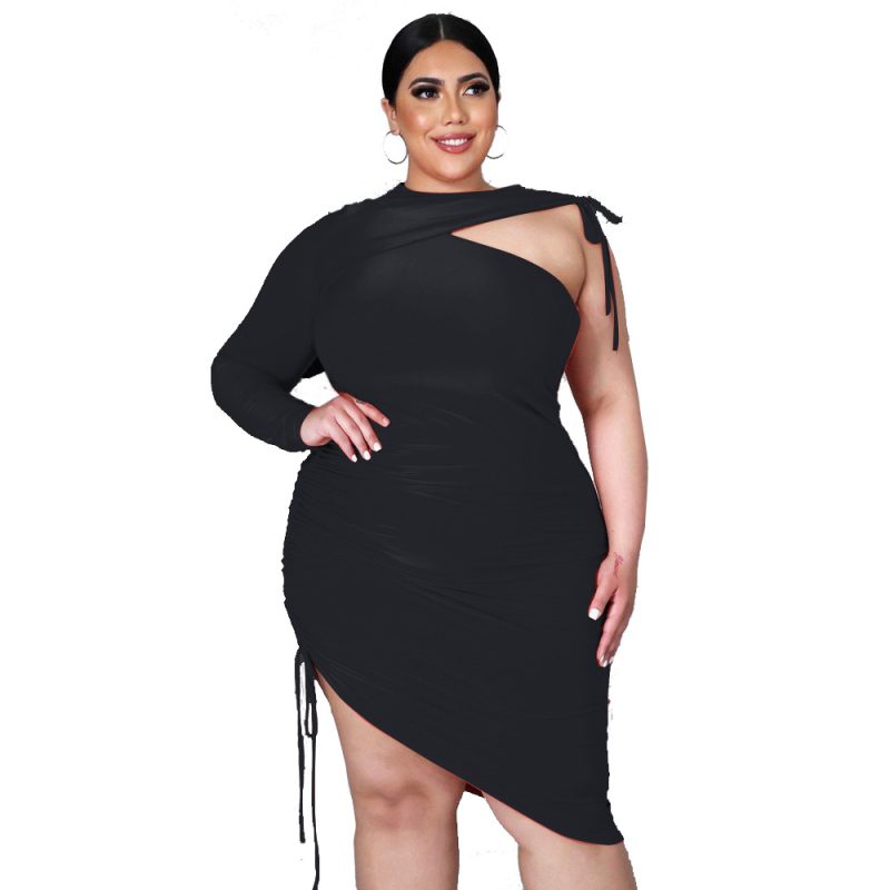 Plus Size Spring Summer Waist Dress round Neck Age-Reducing Solid Color Asymmetric Dress  Dress - Image 5