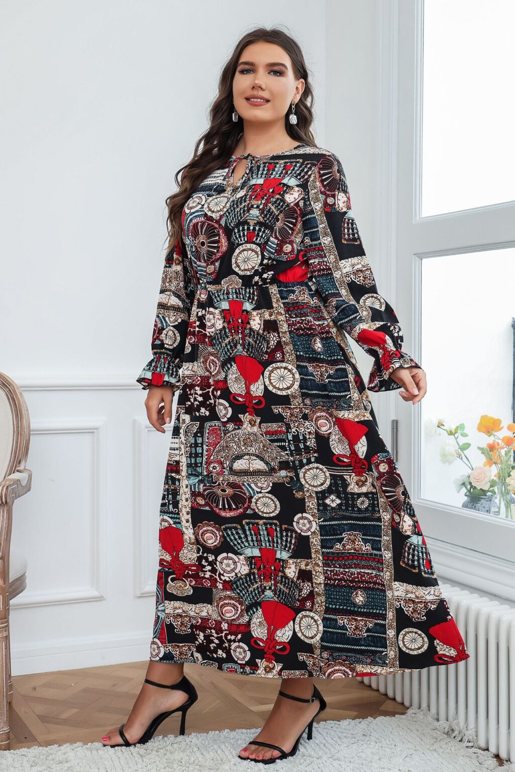 Plus Size Women Clothing Fashion Printed Long Sleeve Loose Dress