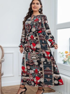 Plus Size Women Clothing Fashion Printed Long Sleeve Loose Dress