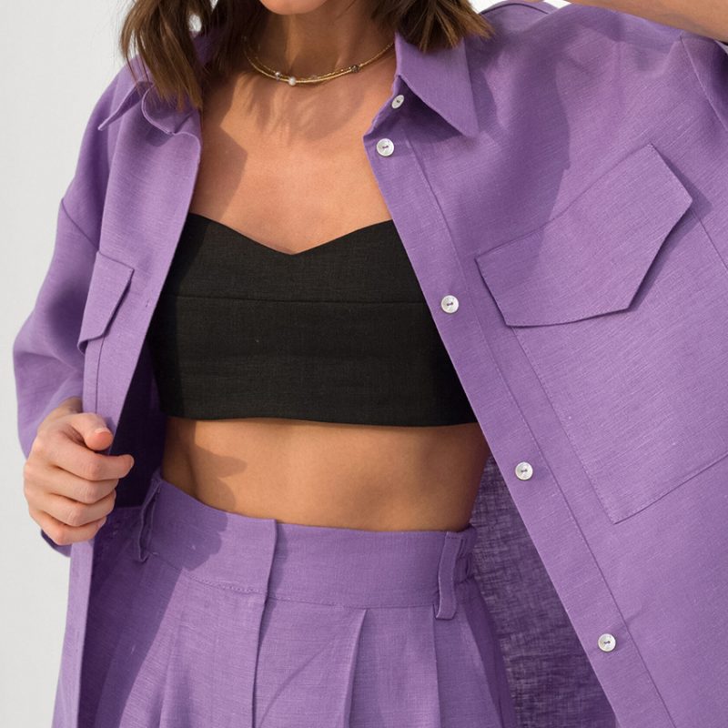 Solid Color All Match Office Collared Drop Shoulder Twet Outfit Summer Straight Shorts Set - Image 3