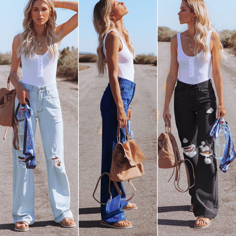 Summer Water Washed Hole High Waist Denim Pants Casual Pants Wide-Leg Pants for Women - Image 4