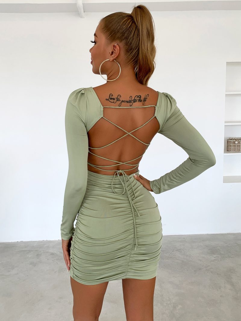 Women Fashionable Spring Dress Chest Wrapped Elegant Vintage Short Light Green Tight Dress for Women - Image 4