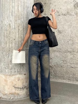 High Street Vibe Retro Distressed Straight-Leg Pants Women Loose   Slimming Wide Leg Denim Trousers