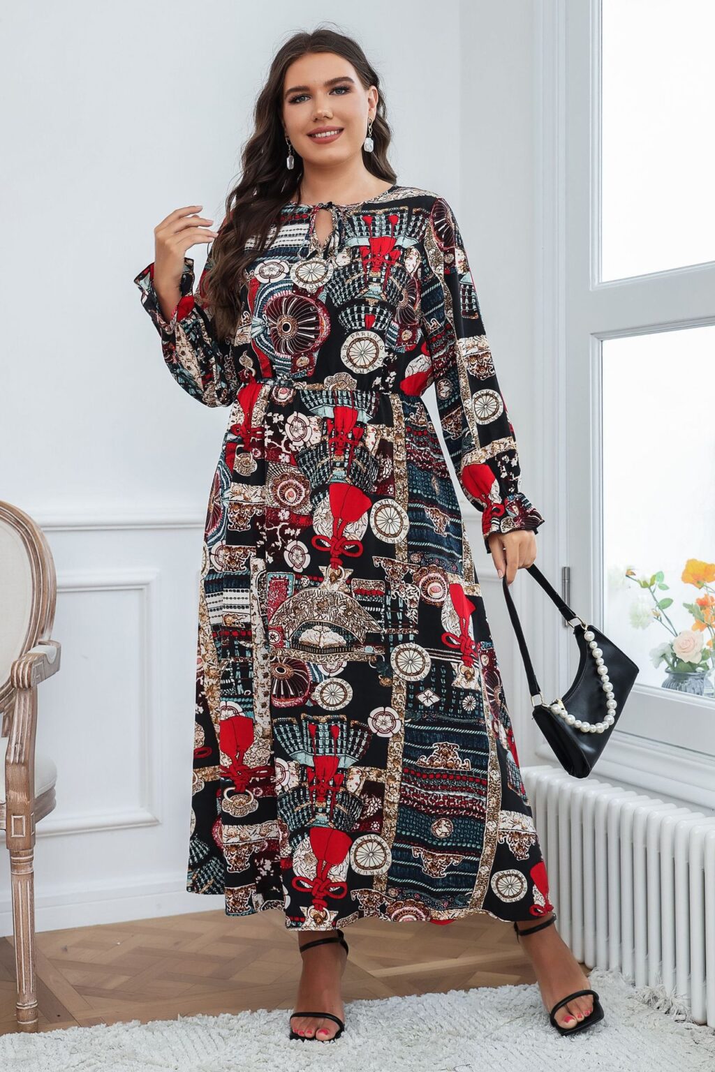 Plus Size Women Clothing Fashion Printed Long Sleeve Loose Dress - Image 3