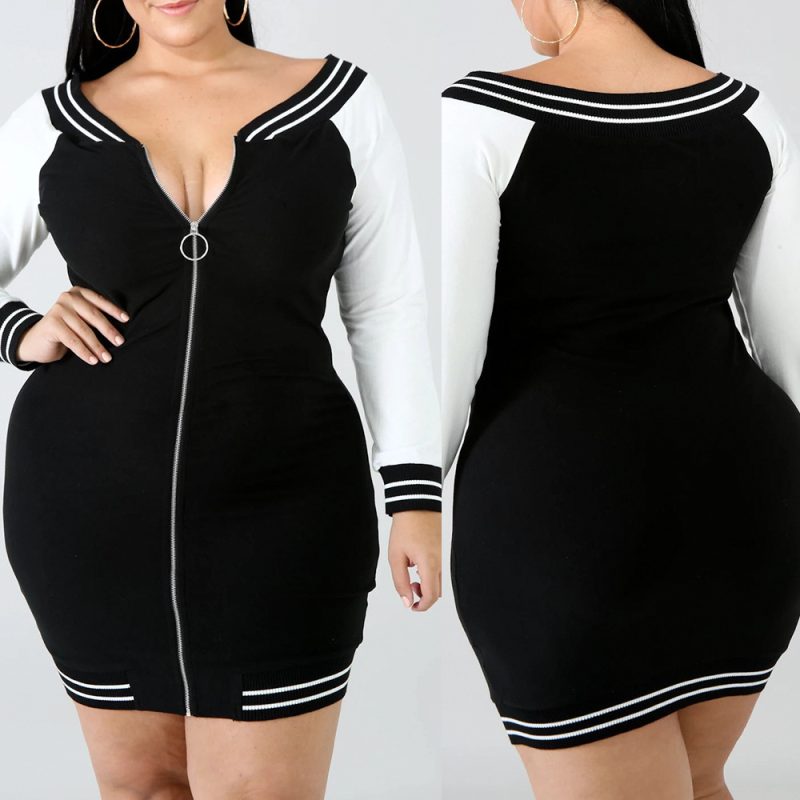 Plus Size Autumn  Women Long Sleeve Color Zipper Dress Mid-Length - Image 3