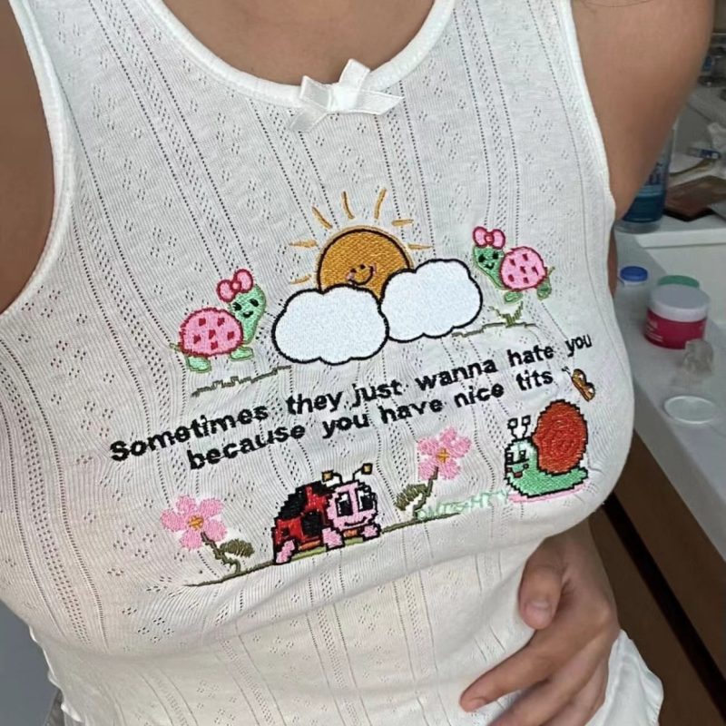 Embroidered Printed Short Vest Women  Spring Summer Slim Fit Cropped Short Top Women  Summer - Image 4