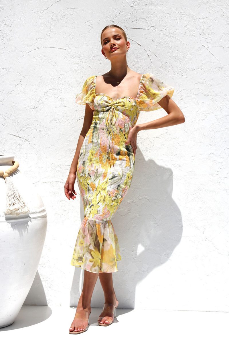 Summer Elegant Sexy Printed Puff Sleeve Backless Fishtail Dress for Women