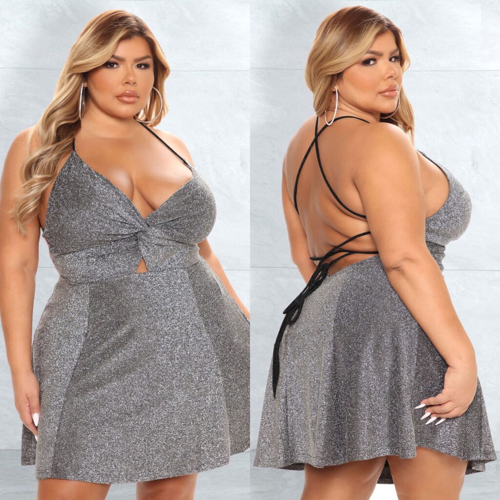Plus Size Women Clothing  Sexy Strap Dress Lace-up Backless Silver String Short Dress Women - Image 4