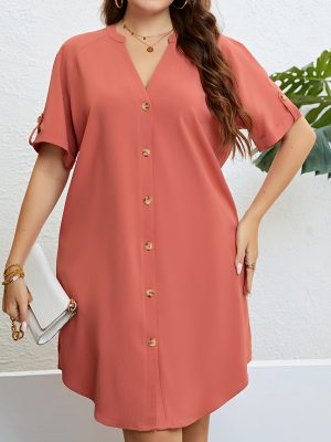 Summer V neck Buckle Loose Dress Women