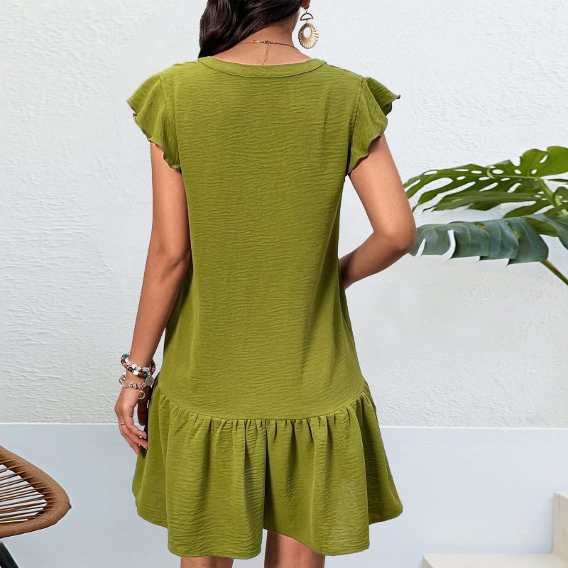 Self Developed Summer Solid Color Dress V neck Ruffle Pleated Layered Midi Princess Dress - Image 4