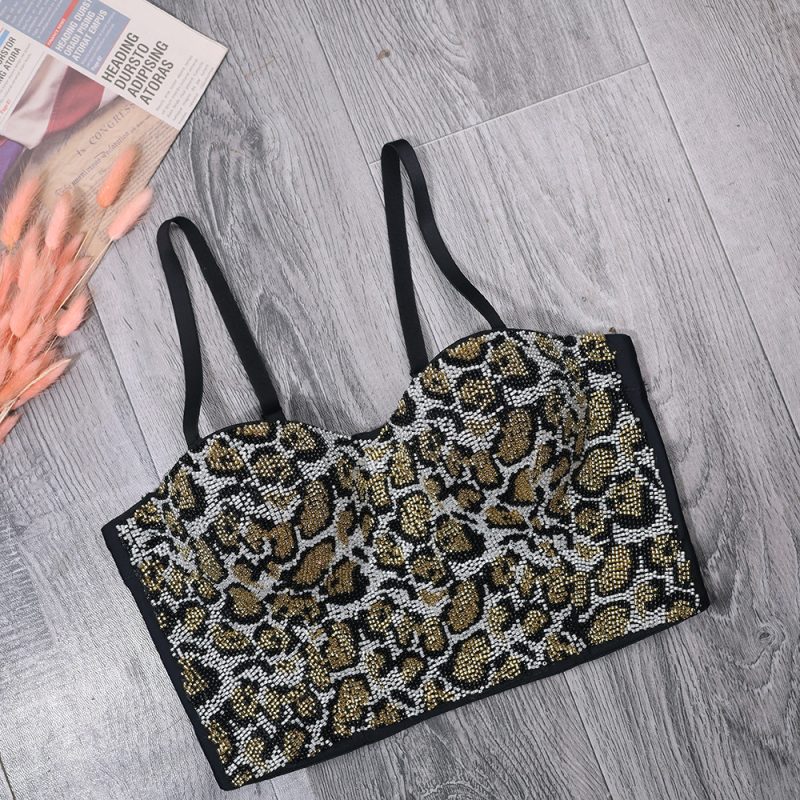 Women Personalized Slim-Looking Beaded Backless Corset Short Leopard Print Outerwear Camisole Tube Top - Image 4