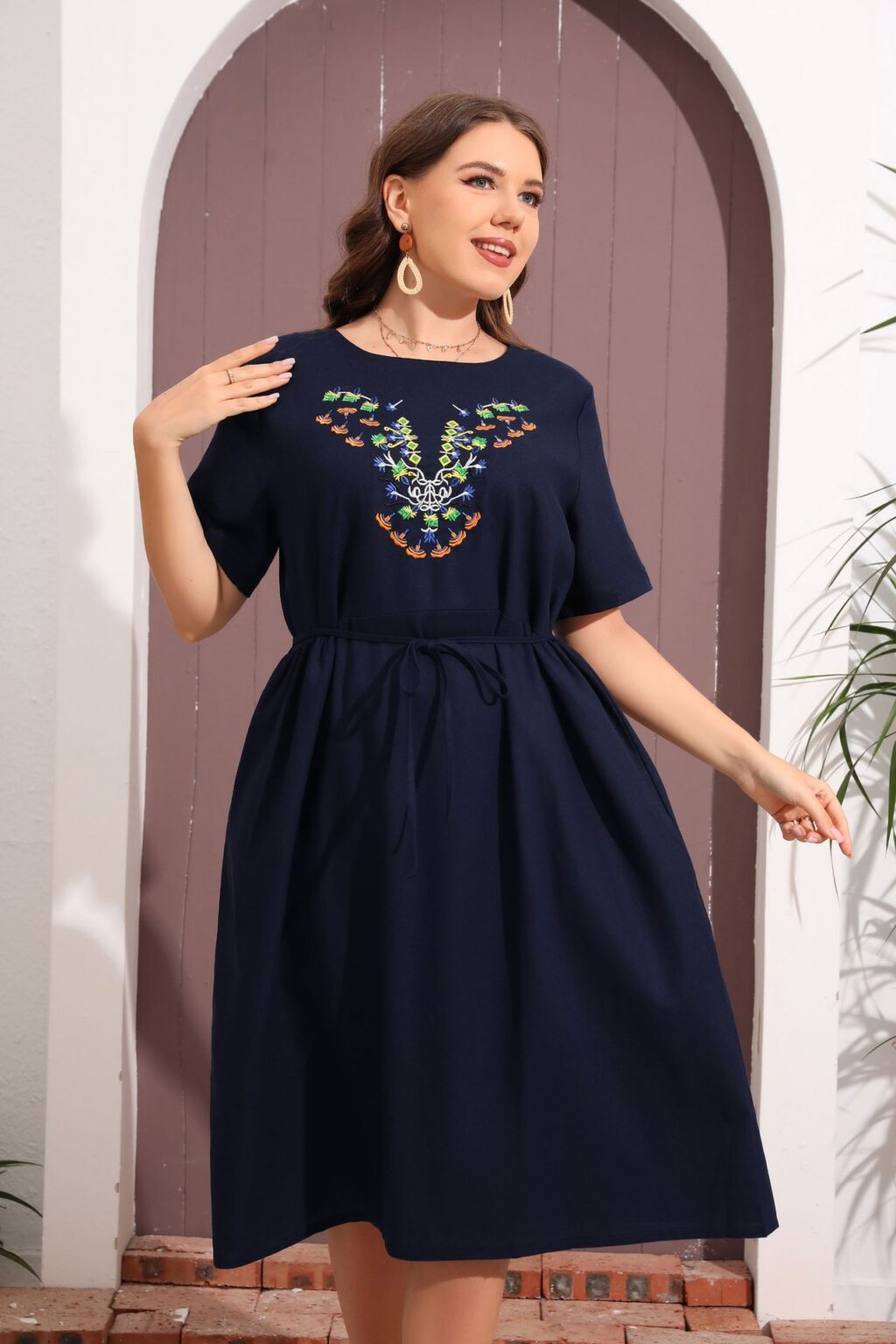 Plus Size Women Clothing round Neck Short Sleeve Embroidered Dress Belt Loose Simple Middle Dress - Image 3