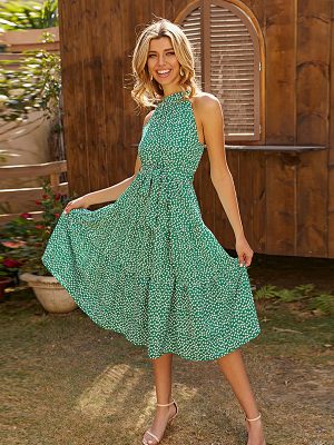 Summer Green Printing Sleeveless Waist Maxi Dress