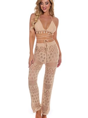 Hand Crochet Hollow Out Cutout out Strap Beach Pants Women Casual Trousers