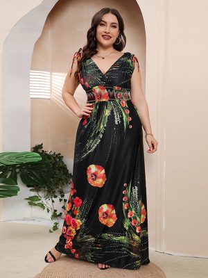 Plus Size Girls  Ice Silk Printed Dress Bohemian plus-Sized  V neck Maxi Dress