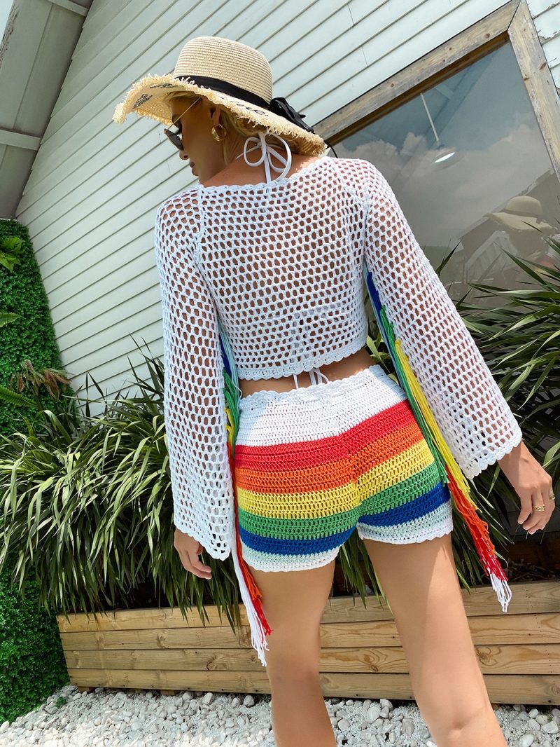 Celebrity Rainbow Color-Blocking Split Swimsuit Blouse Multicolored Tassel Sunscreen Beach Women Hand Crocheting Suit - Image 5
