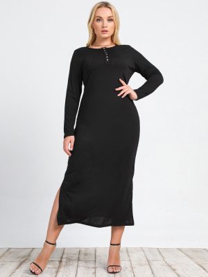 Plus Size Women  Clothing New Long Sleeve Split Knitted V-neck Sexy Slim Dress