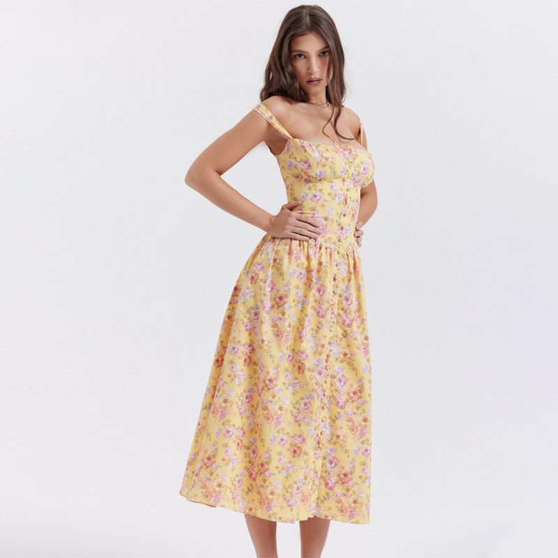 Women Clothing Dress Square Collar Cami Dress Slim Fit Backless Sweet Spicy Wind Maxi Dress Summer Floral Dress - Image 4