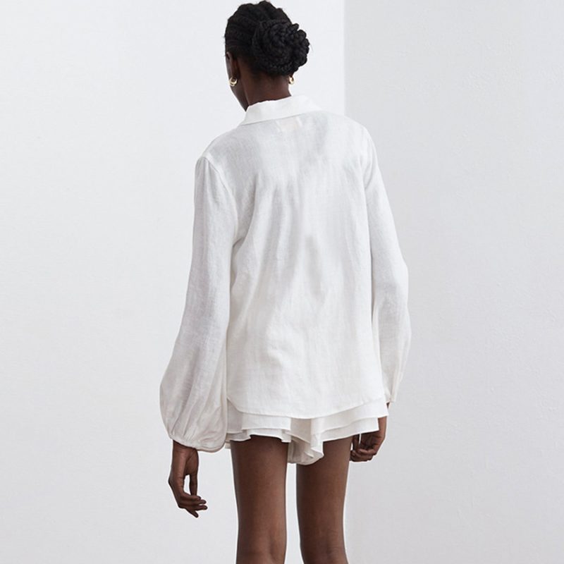 Summer Cotton Linen Women Long Sleeve Blouse Ruffled Shorts Two Piece Casual Fashion White Suit - Image 3