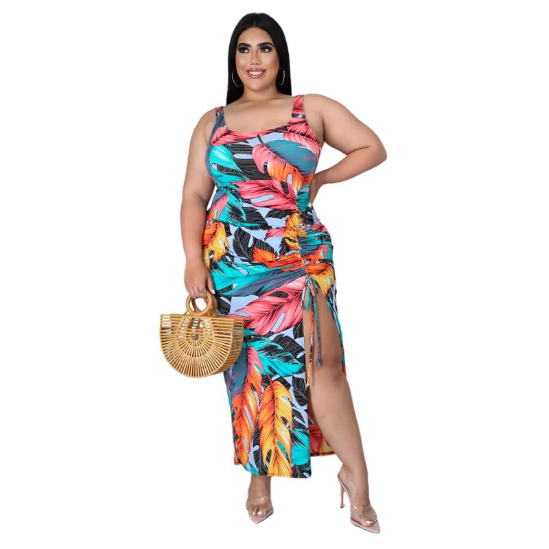 Plus Size Plus Size Women Printed Pleating Split Dress - Image 4
