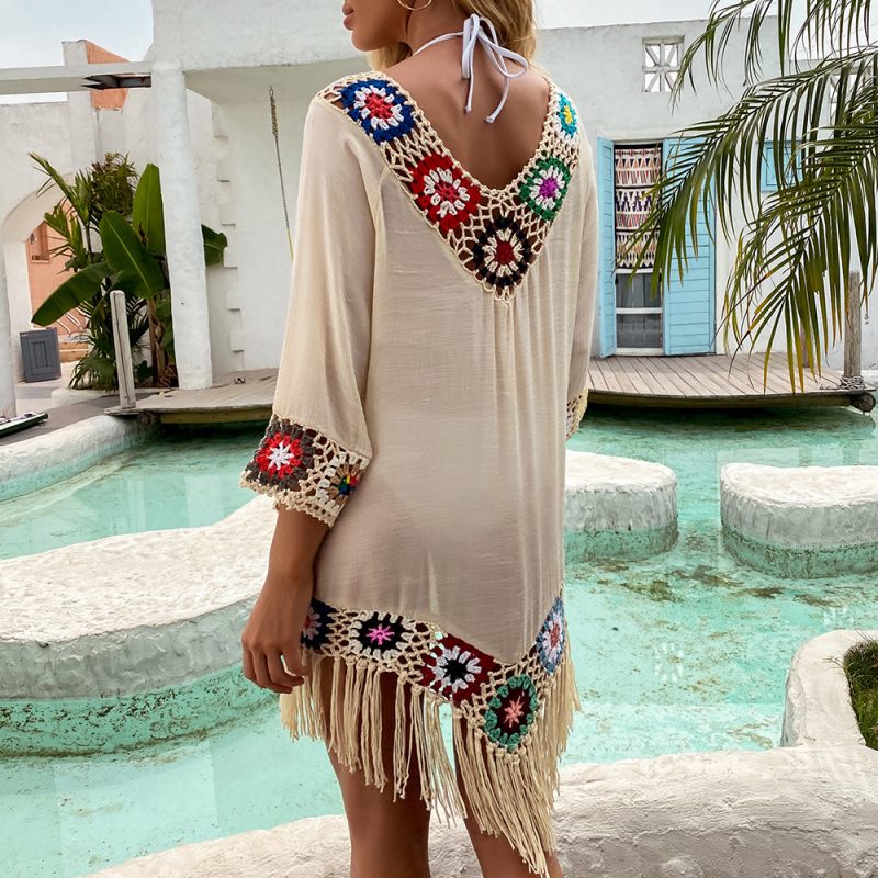 Spring Summer Women Clothing Net Red Lazy Beach Crocheted Blouse Mid-Length Dress - Image 3