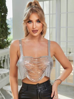 Women Clothing Sequined Sexy Backless Metal Strap Vest Nightclub Split Top for Women