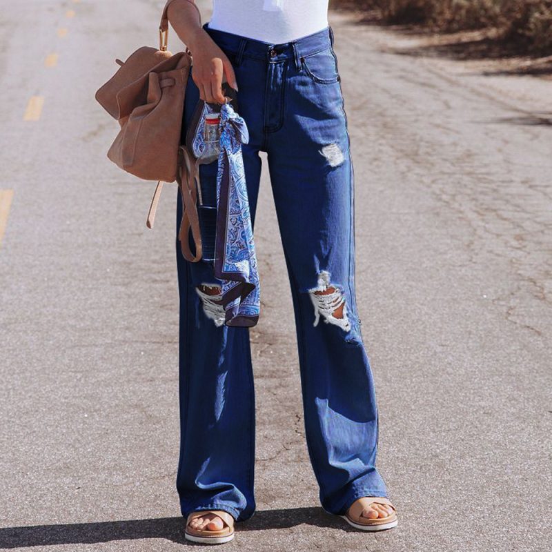 Summer Water Washed Hole High Waist Denim Pants Casual Pants Wide-Leg Pants for Women - Image 2