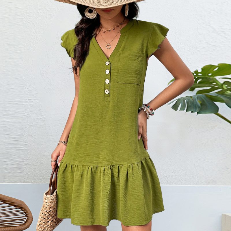 Self Developed Summer Solid Color Dress V neck Ruffle Pleated Layered Midi Princess Dress - Image 2