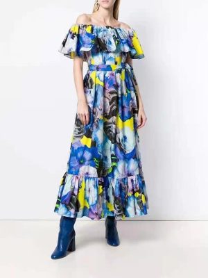 Vacation Printing Dyeing Dress Spring Printing Young Ruffled Long Cinched Swing Dress