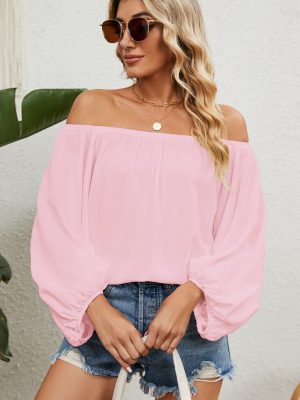 Women Solid Color Off Neck Chiffon Top